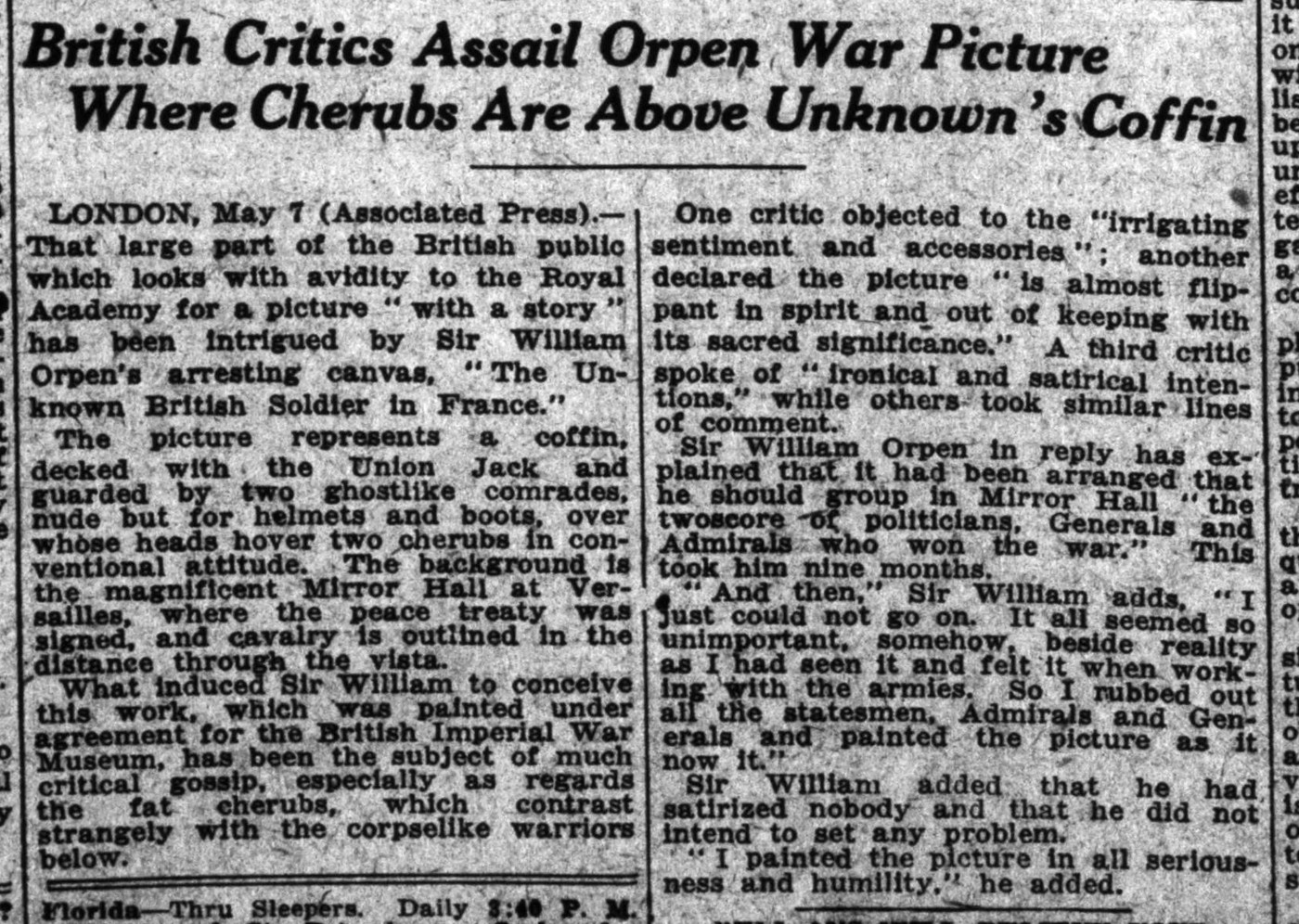 Первая полоса The New York Times 8 мая 1923 года: телеграмма о картине Орпена