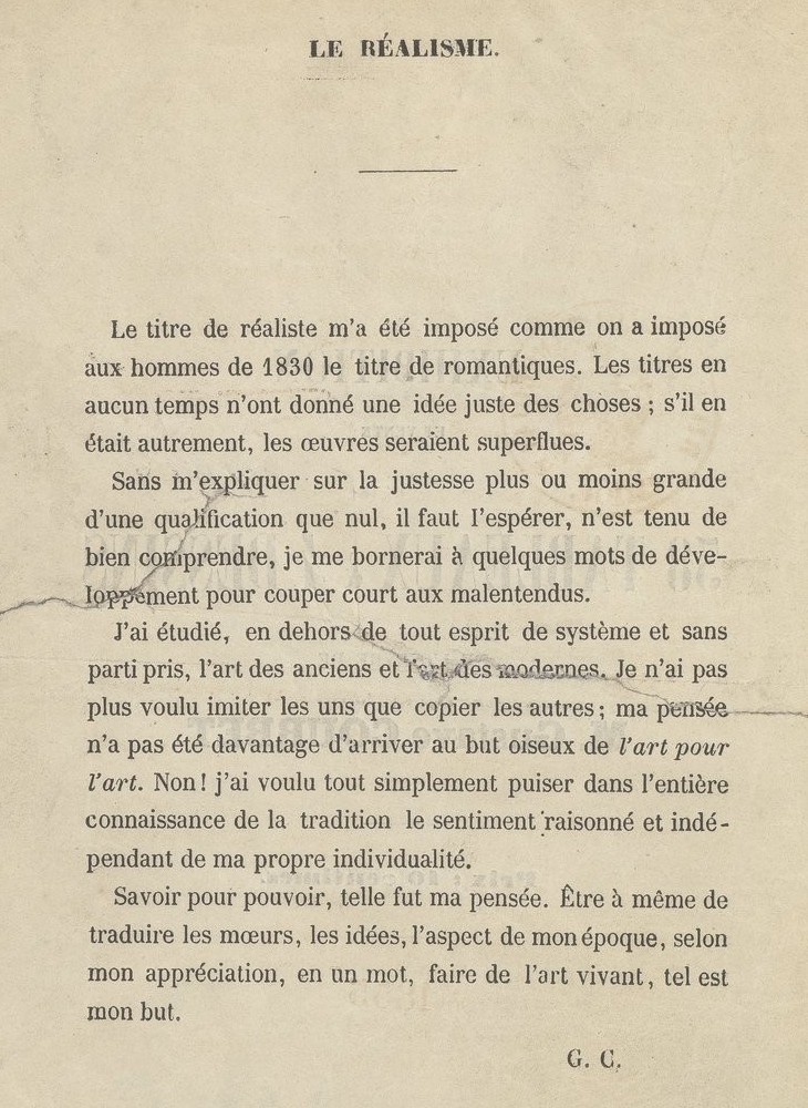 Предисловие «Le Réalisme» с подписью «G. C.» в каталоге выставки Курбе 1855 года